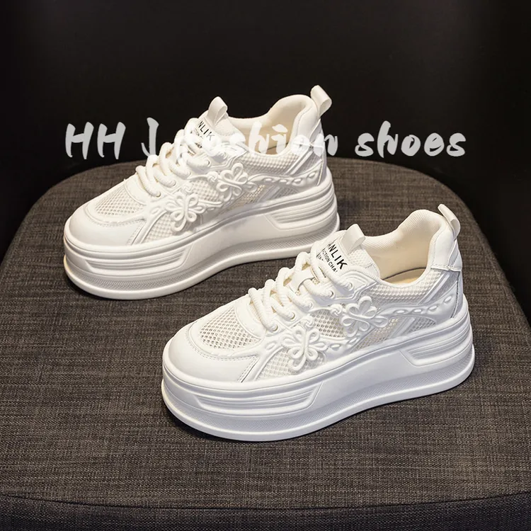 厚底小白鞋女内增高休闲板鞋夏季网面透气系带显高小个子坡跟女鞋