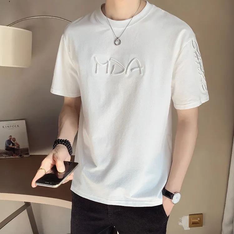景君澜-轻奢夏季短袖体恤男款纯色潮牌百搭刺绣圆领男装半袖T恤