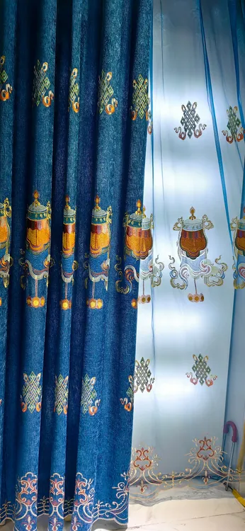 藏式雪尼尔刺绣绣花窗帘蓝色奢华适合客厅书房阳台定制