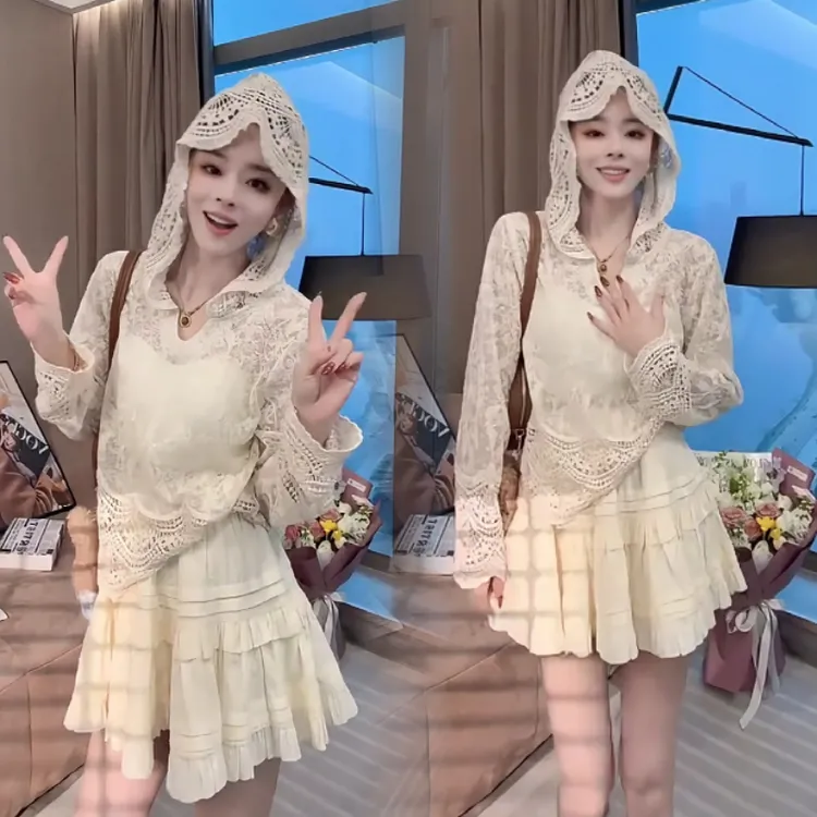 连帽蕾丝边拼接气质百搭重工钩花长袖蕾丝衫女+高腰半身裙套装