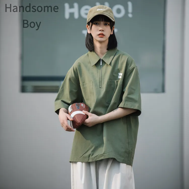 日系复古潮流百搭港风ins夏季半袖衬衫休闲情侣新款爆款polo衫男