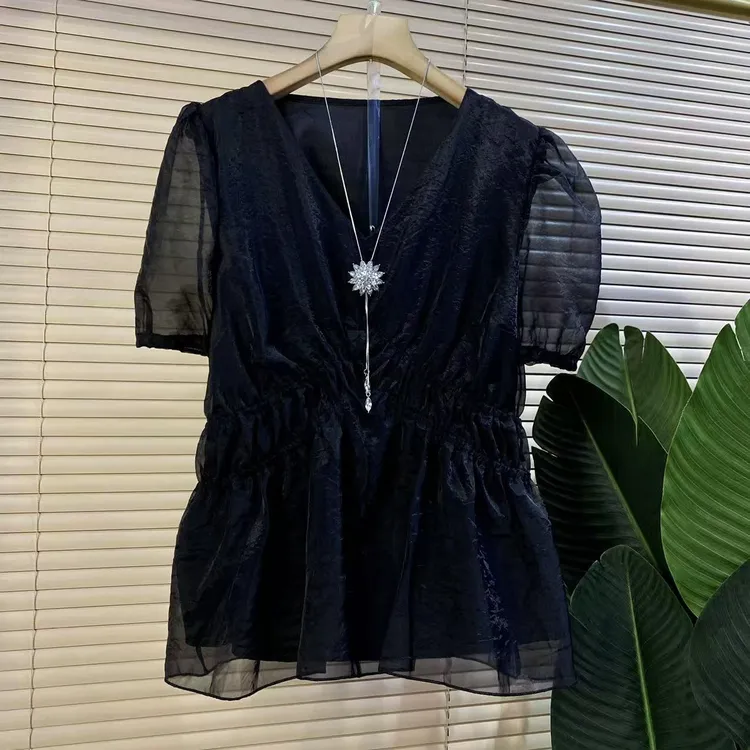 Y胖mm欧货时尚新款V领褶皱收腰显瘦女人衫