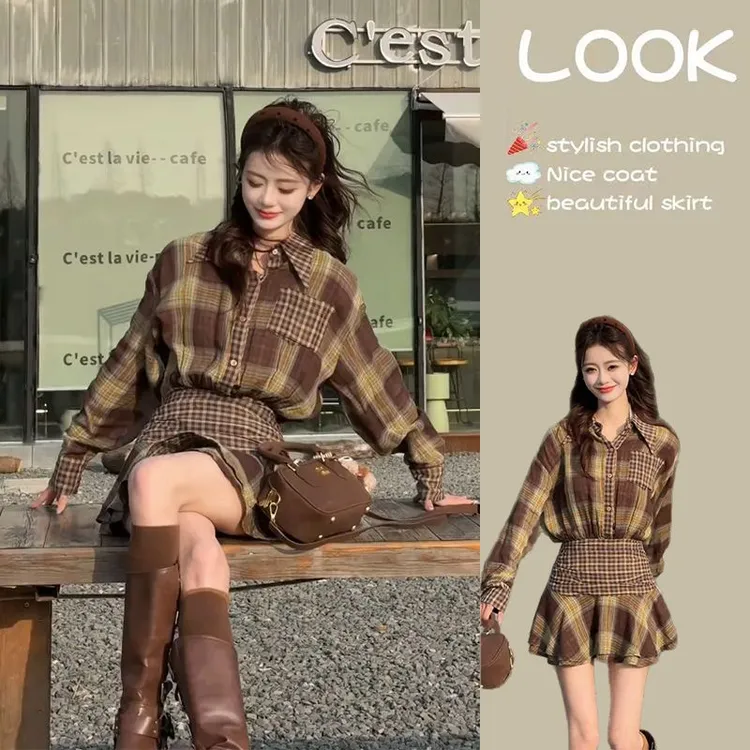 格纹法式高级感气质长袖连衣裙春季2025春装新款短裙别致裙子女装