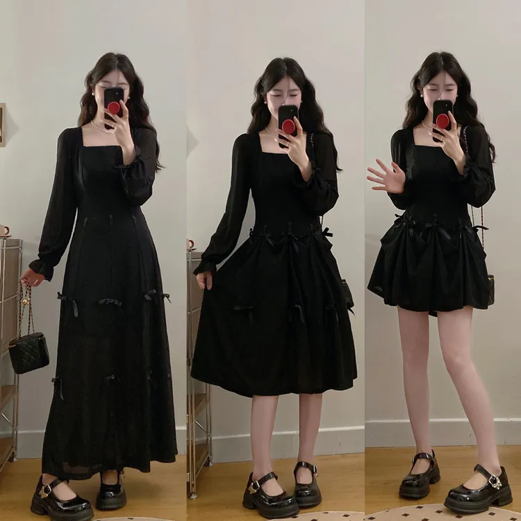 大码法式时尚长袖连衣裙女春季赫本风气质小黑裙胖MM遮肚显瘦裙子