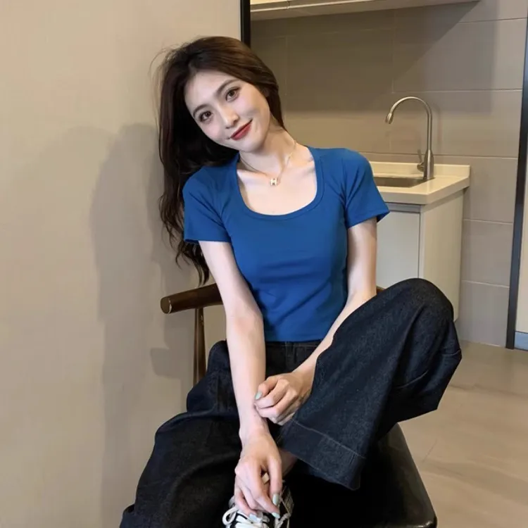 青春减龄时尚显瘦修身纯色方领短袖女装t恤女小个子短款百搭春夏