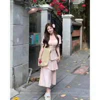 温与柔SY麦602006【藕粉柔柔】春夏高腰法式甜美温柔风大领口连衣裙