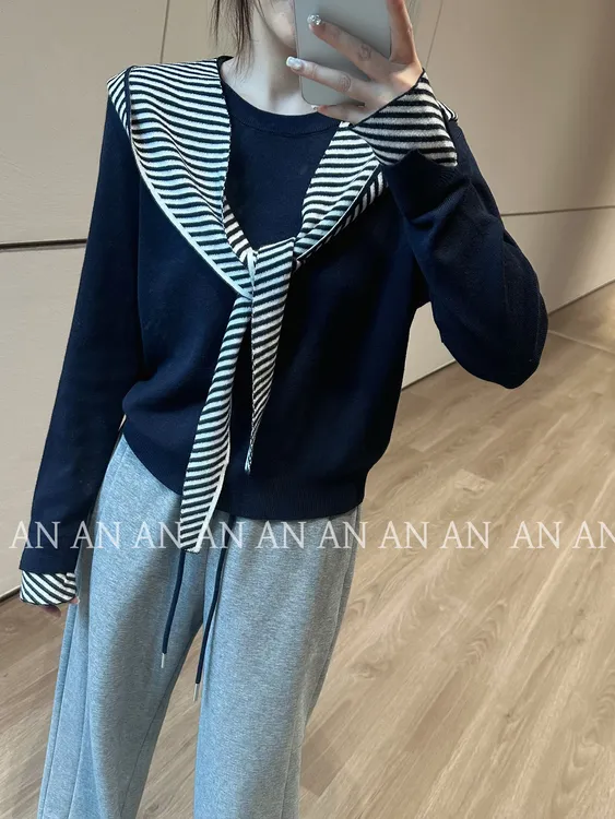 C07270早秋新款韩版通勤休闲拼接斜条纹袖口套头长袖针织衫