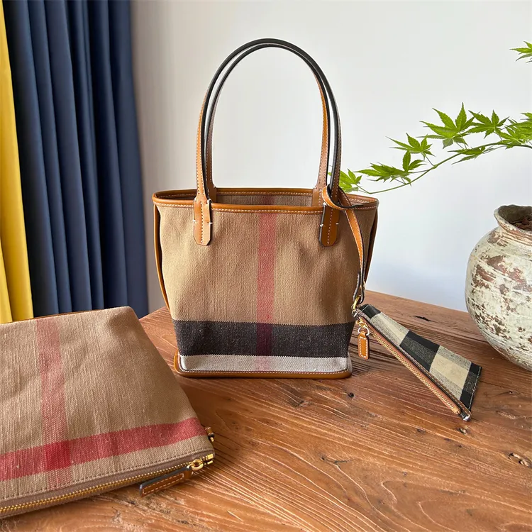 小羽家棉麻小托特三件套子母内胆手提腋下女包高级感通勤格子小众