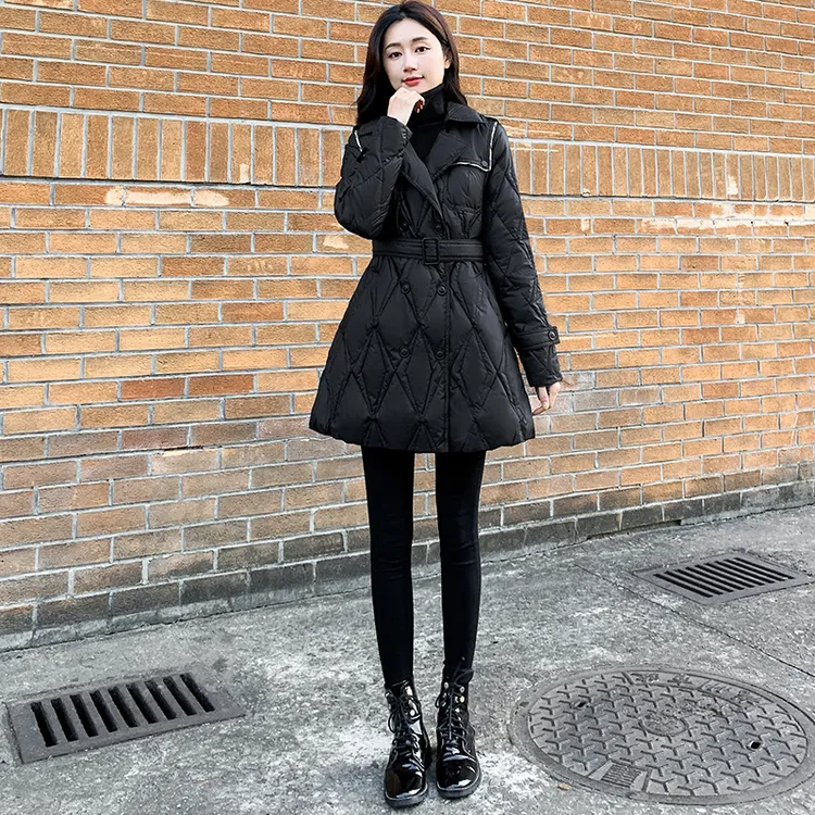 2025新款女装冬季修身收腰中长款羽绒服女黑色显瘦西装领外套暗扣