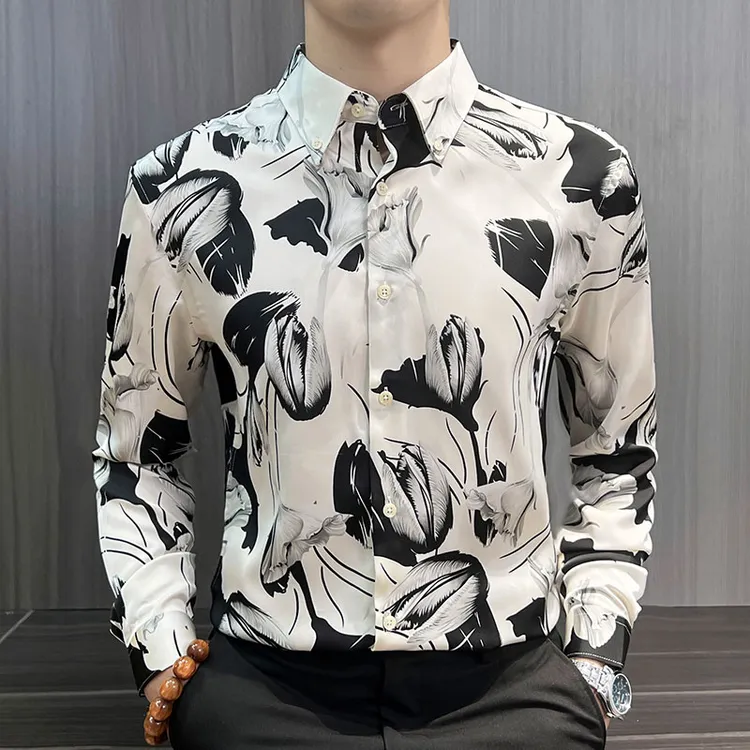 花衬衣男款爆款2025新款春秋商务休闲印花衬衫男时尚痞帅寸衫男