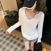 简约百搭松弛感长袖宽松V领休闲显瘦T恤上衣大码