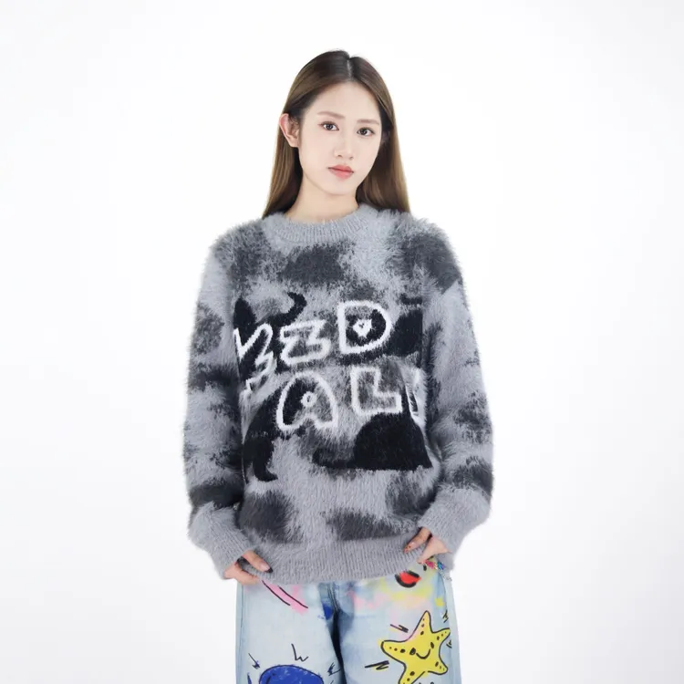 KZDALL原创设计小黑猫提花毛衣秋冬宽松休闲百搭男女慵懒感针织衫