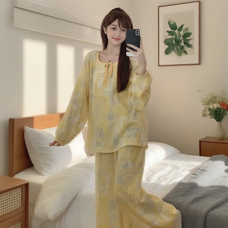 炸姐长袖睡衣女秋季2025新款琉璃黄休闲套装甜美可外穿大码家居服