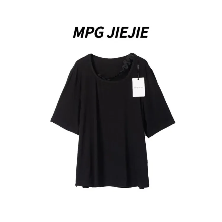 MPG JIEJIE【落花倾城】25春夏时尚休闲黑色U领设计感拼接小花T恤