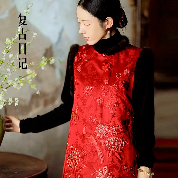 复古日记“寻香蝶”全开襟锦鸡芙蓉绣花亚麻马夹旗袍裙2EHE782