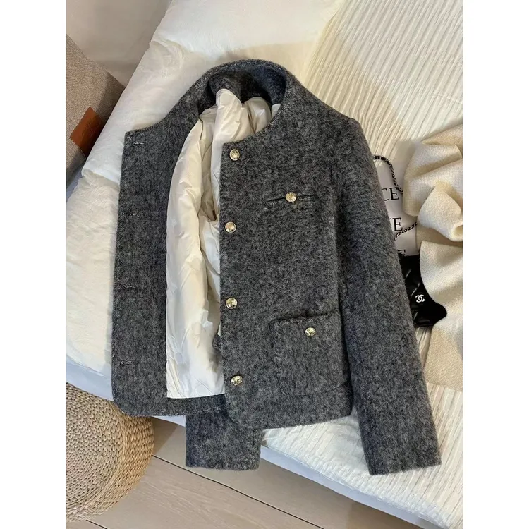 2025新款灰色气质法式小香风毛呢短外套女冬季保暖内里上衣韩