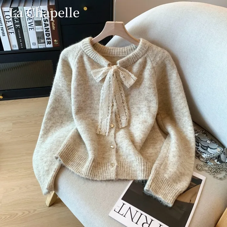 拉夏贝尔蕾丝系带毛衣开衫女新款秋冬季慵懒风法式软糯针织开衫