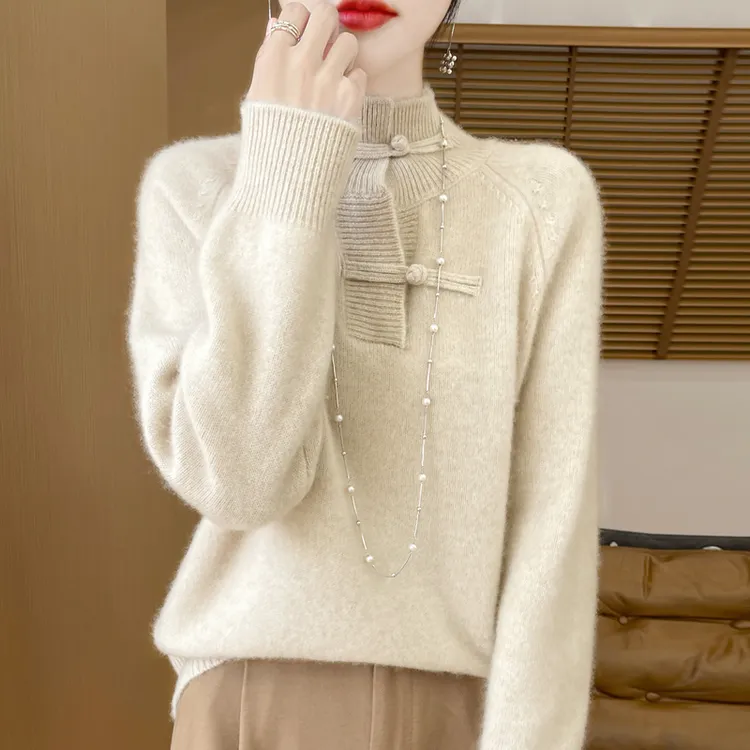 专柜正品100%羊绒衫女新中式盘扣加厚宽松内搭秋冬新款针织打底衫
