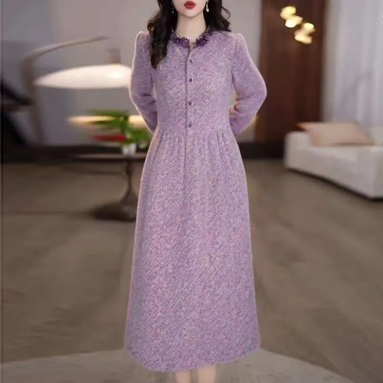 2025冬款紫色时尚精致优雅洋气裙子女复古气质修身收腰显瘦连衣裙