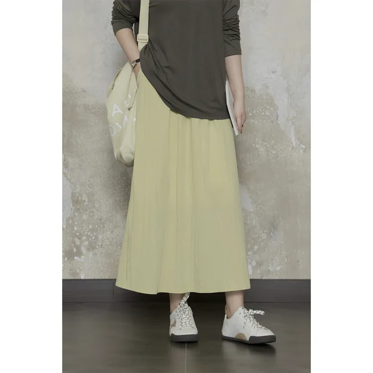 现货8954D大婉酱微胖定制法式气质高腰半身百搭宽松垂感褶皱长裙