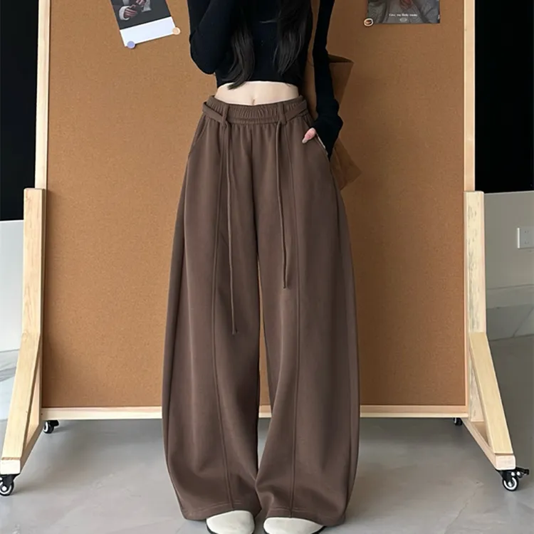 咖色抽绳弯刀裤女秋季2025新款高腰宽松显瘦休闲裤垂感阔腿长裤子