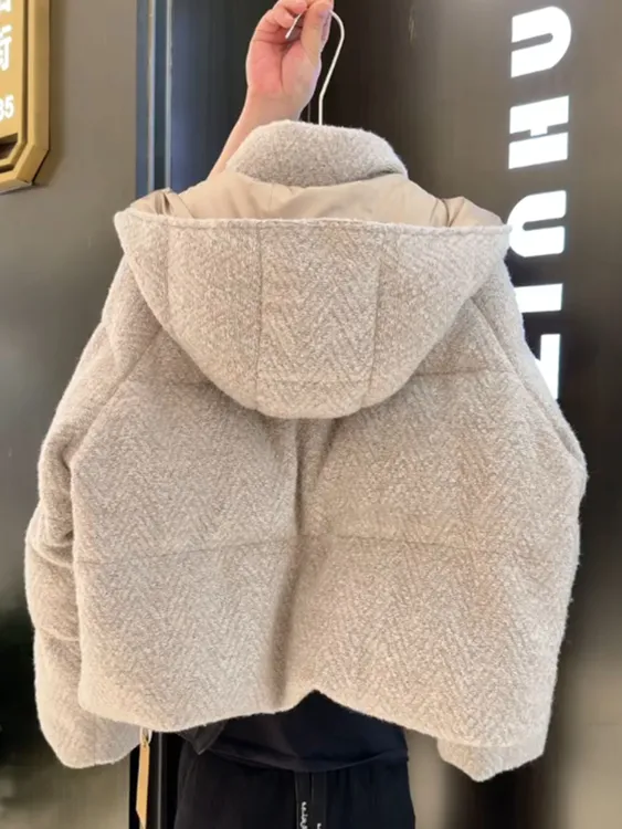 巨好看韩系短款连帽杏色棉服女装2025新款冬季小个子高级感厚外套