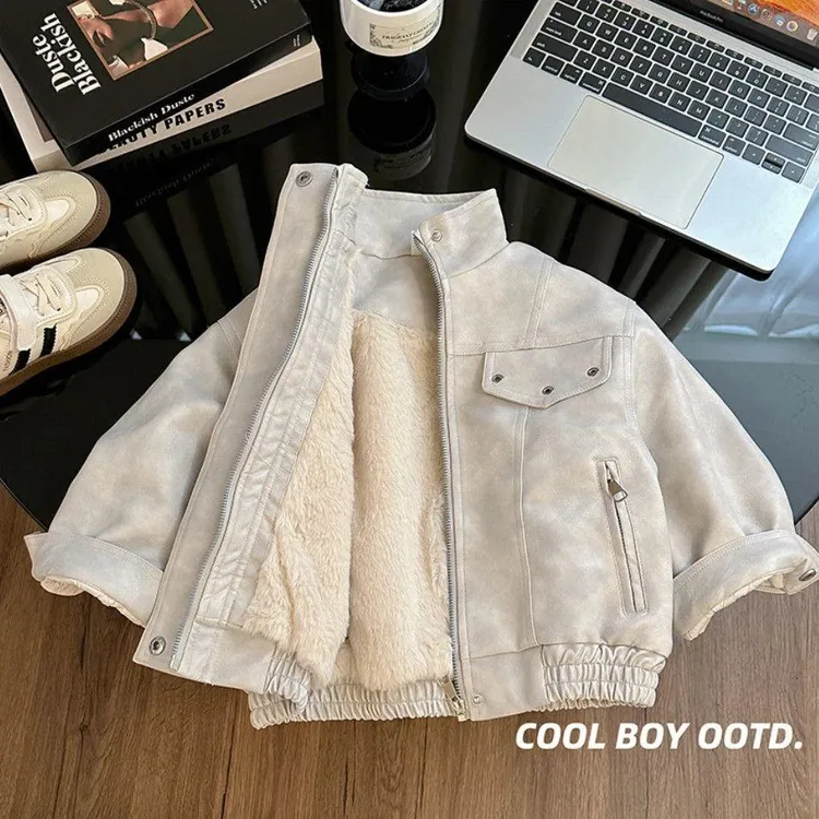 男童加绒皮衣外套秋冬季2025新款帅气小男孩加厚儿童冬装上衣童装