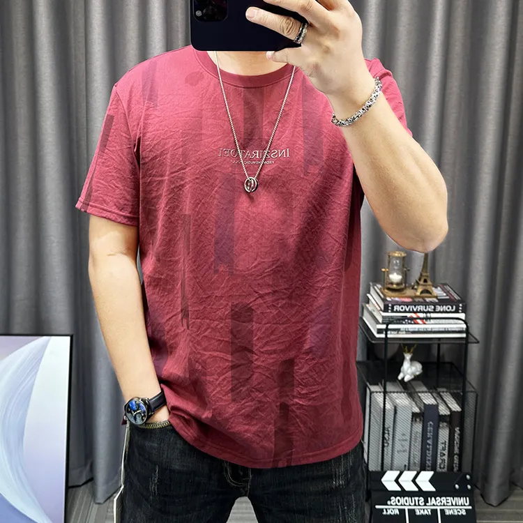 棉麻短袖t恤男2025夏季新款字母印花上衣修身薄款透气男士体恤潮