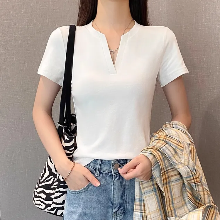 白色正肩V领短袖t恤女2025春夏新款修身显瘦内搭打底衫设计感上衣