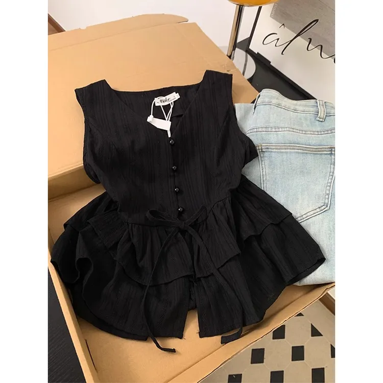 大码胖mm复古无袖衬衫女夏季设计感小众背心缕空提花小衫收腰上衣