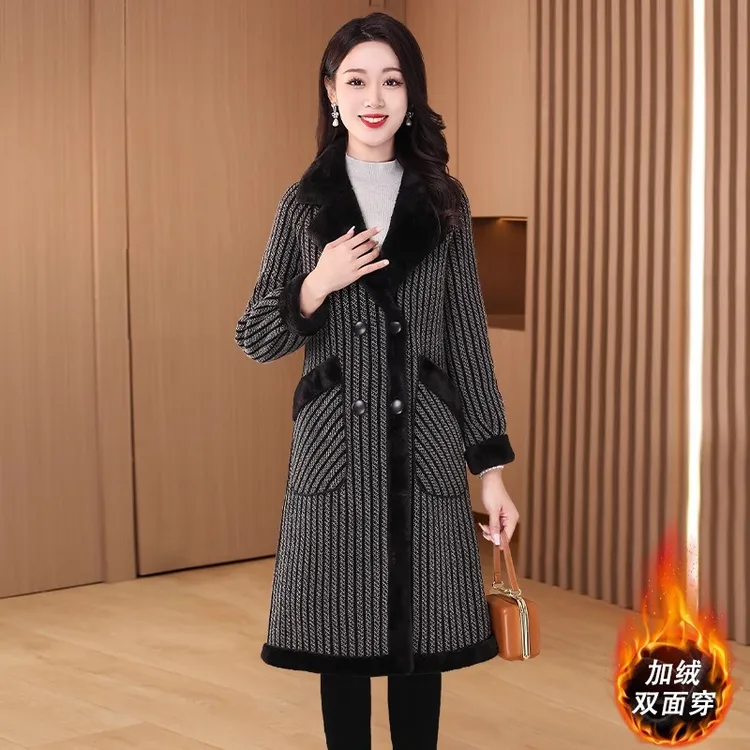 嘉兴濮院格纹中长款毛呢外套女秋冬2025新款加厚加绒休闲爆款大衣