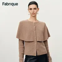 Fabrique Elen 秋冬新品灰驼色绵羊毛镂空菱形格斗篷式针织开衫
