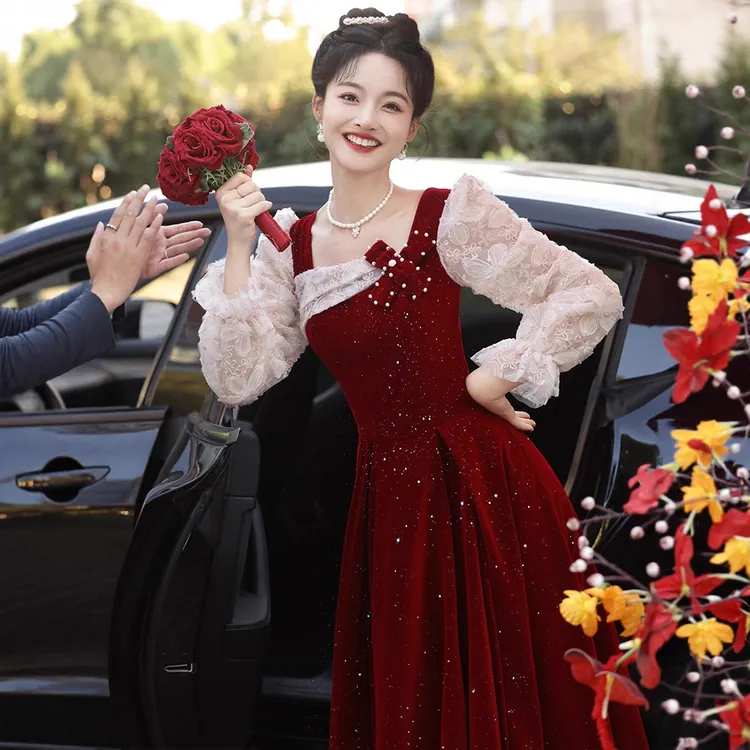 敬酒服2025新款新娘结婚高级感绝美法式红色丝绒订婚礼服裙女秋冬