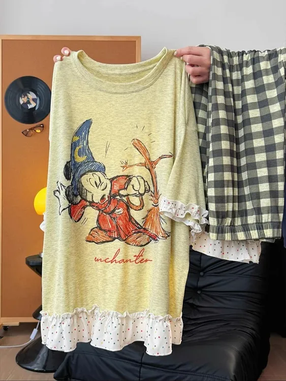 【DMXJ大梦想家】韩版趣味卡通印花睡衣女夏季款格子长裤家居服套装