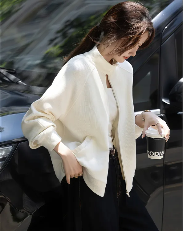 简约风纽扣立领外套女25秋季新款肌理感宽松小个子休闲上衣