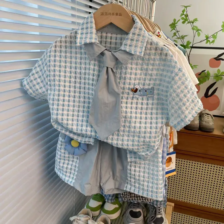 男童夏季套装2025儿童韩系休闲透气格纹设计衬衫五分裤薄款两件套