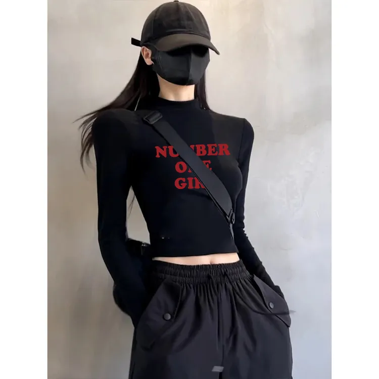 美式印花长袖t恤打底衫女秋冬新款露脐修身显瘦短款辣妹上衣ins潮