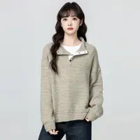 条纹翻领卫衣女秋冬2025冬季新款宽松加厚半高领无帽套头外穿上衣