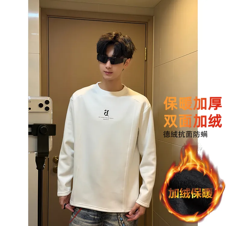 秋冬季圆领德绒长袖字母T恤卫衣内搭保暖加绒加厚潮流休闲打底衫