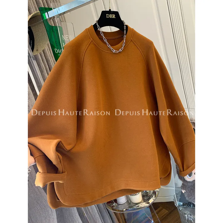 胖妹妹240斤大码超好看橘色休闲廓形圆领绒T恤卫衣加厚宽松上衣女