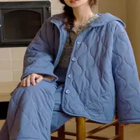 女士冬季三层夹棉加厚加绒翻领舒适保暖可外穿家居服睡衣套装