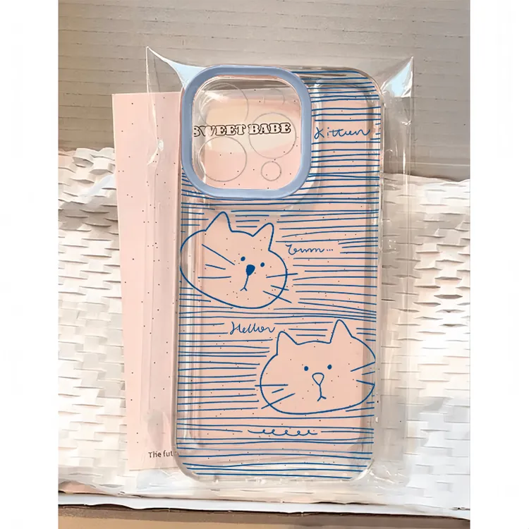 BANCA蓝线条两个小猫咪适用iPhone17/16手机壳华为vivo小米15oppo