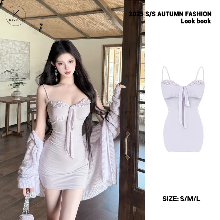 JOY KIKI鹅了么【娇娇甜心】纯欲弹力网纱修身显瘦连衣裙 J25C316