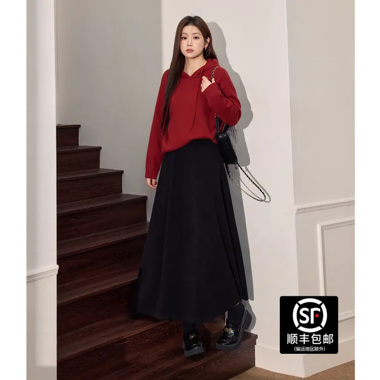 蓝语大码冬季圣诞红色连帽百褶针织毛衣显瘦半身裙超好看漂亮套装
