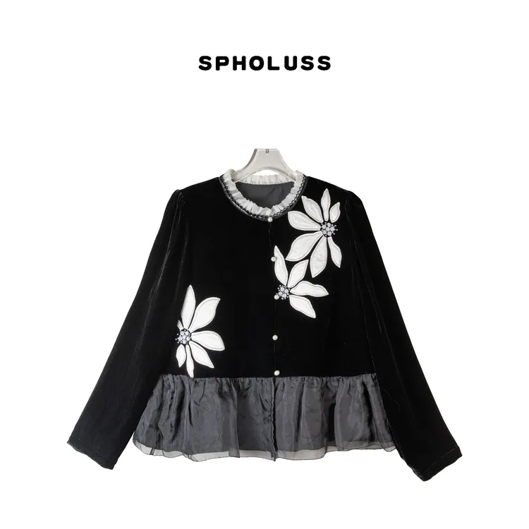 【丝芙玉禄】【A071】重磅100%真丝丝绒重工树叶拼接真丝丝绒上衣