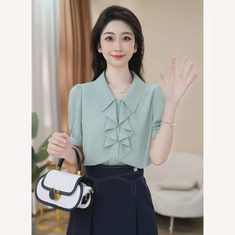 【曼贝】短袖衬衫女2025夏季法式高级感宽松遮肉衬衣8592228【甜甜】