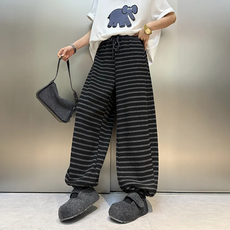 大码女装加绒条纹休闲裤120斤到240斤胖mm宽松遮胯显瘦束脚裤冬季