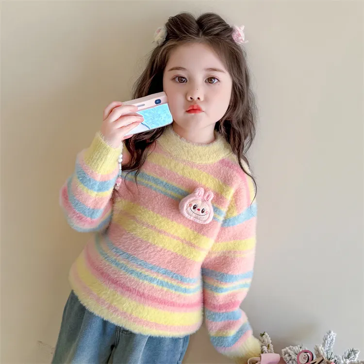 女童水貂绒毛衣糖果色秋冬季加绒加厚儿童打底衫中小童内搭针织衫