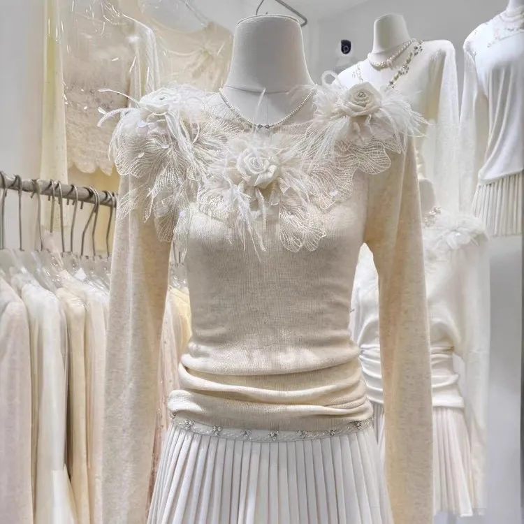 622冬季新款设计感别致好看立体花朵修身显瘦洋气打底针织衫上衣