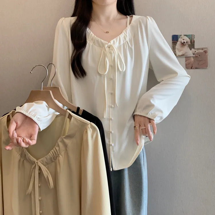 设计感系带显瘦长袖衬衫2025秋季大码遮肉气质宽松衬衫上衣80205